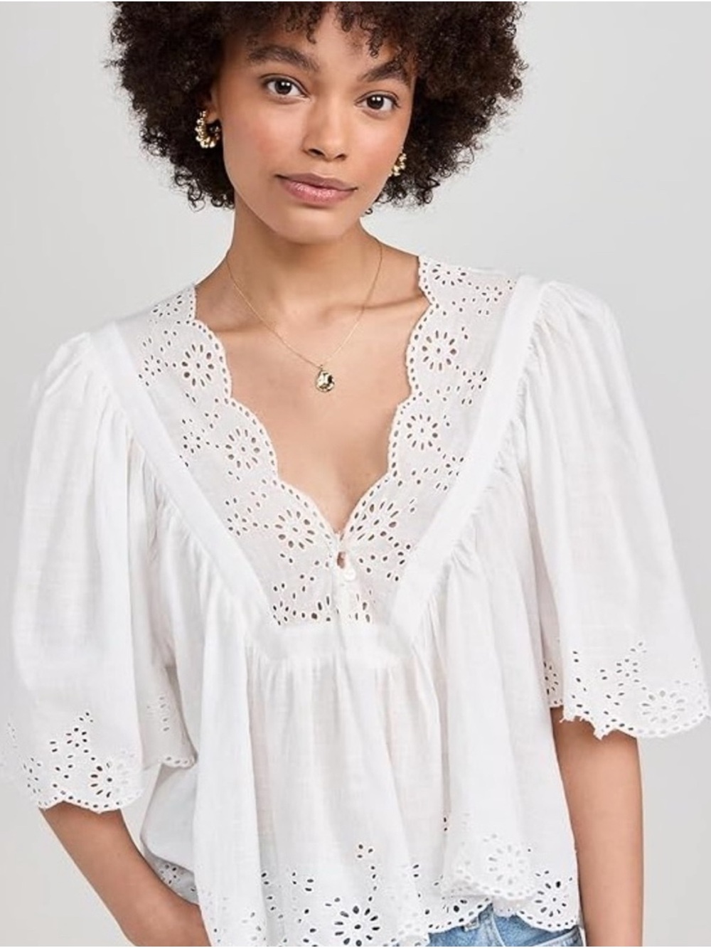 Free people  White Eyelet V-Neck Peasant Top